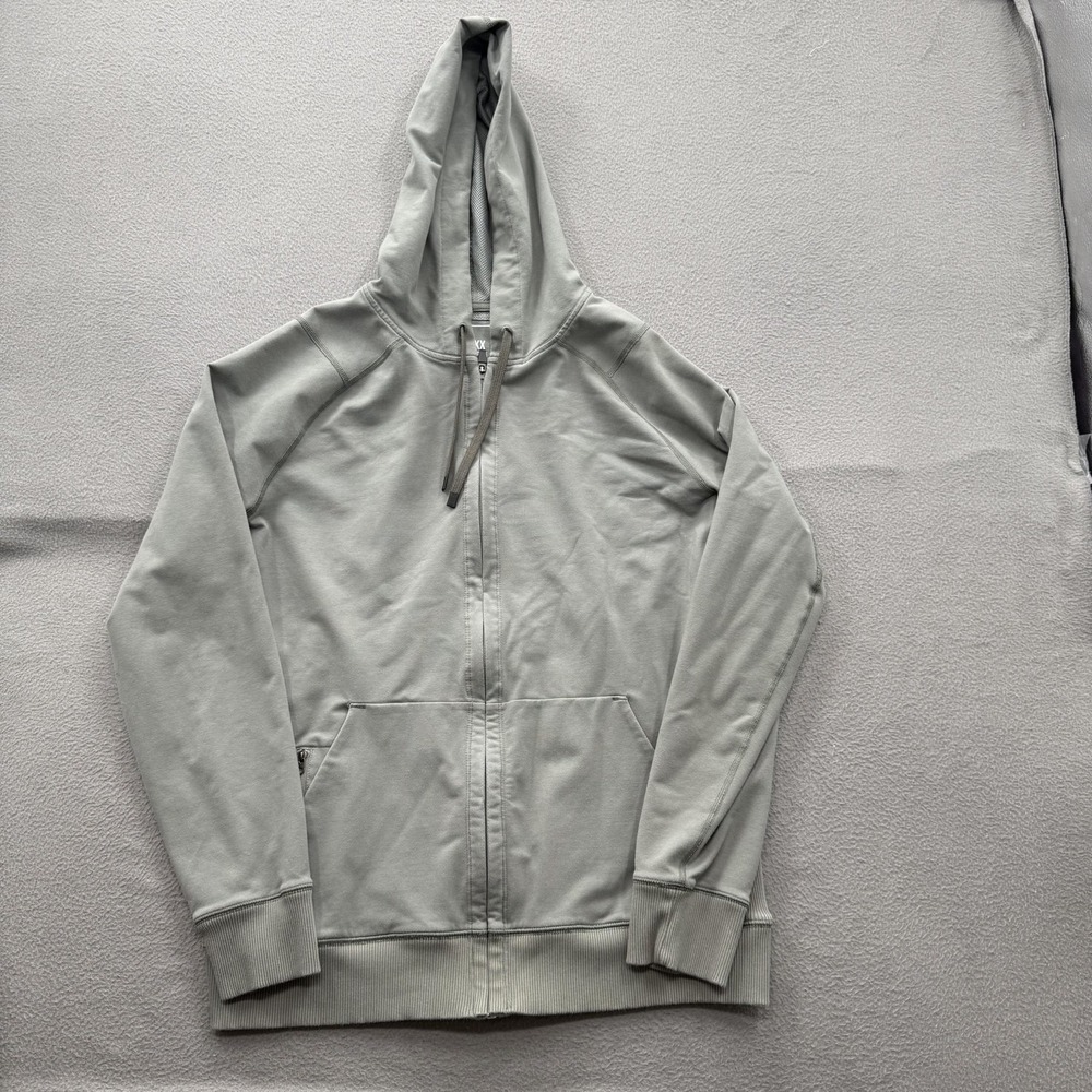 SAXX Down Time Hoodie Mens Medium Gray Full Zip Stretch Knit Sweatshirt Pockets
